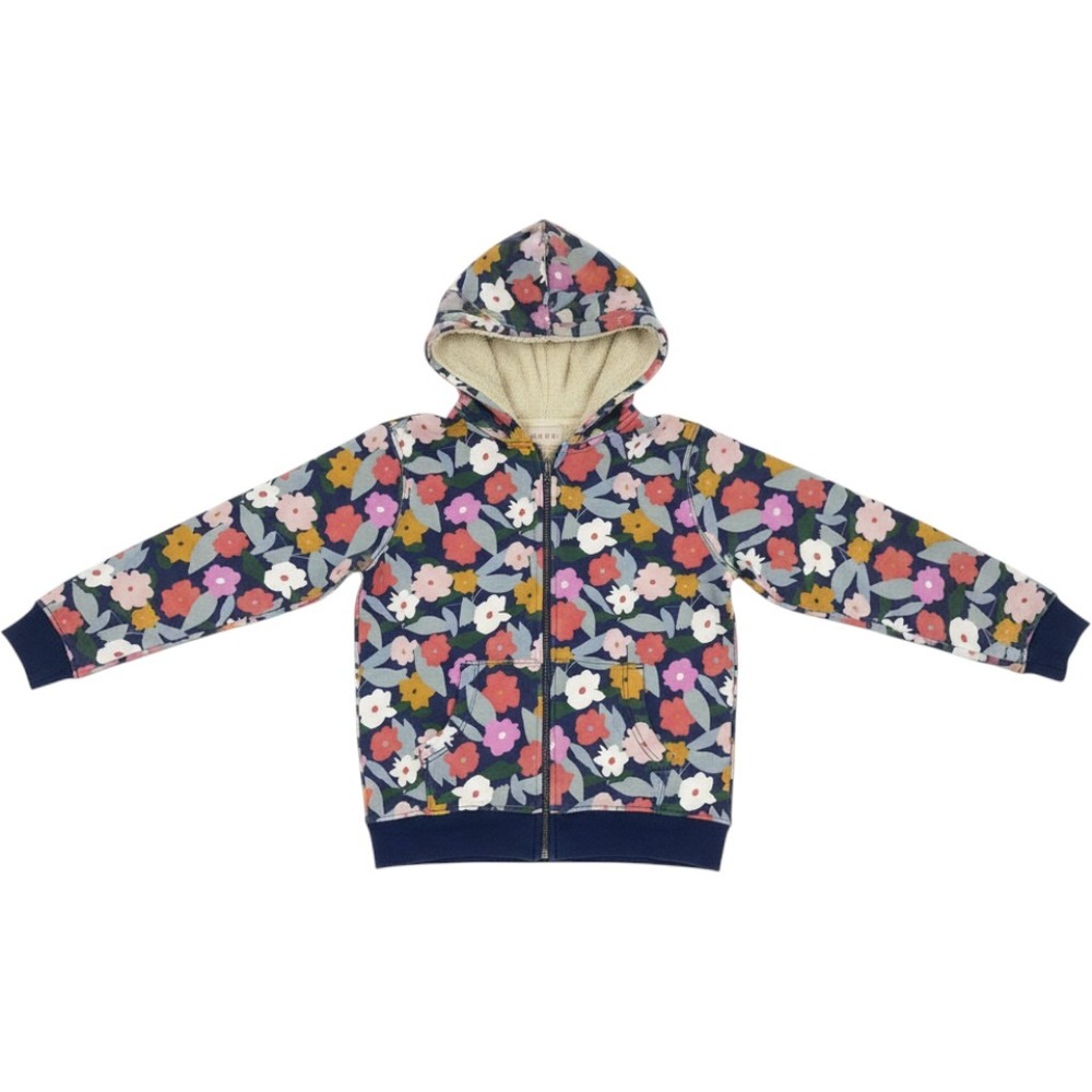 Hanna Andersson Kids Navy Blue Floral Sherpa Lined Zip Up Hoodie Sweatshirt 10